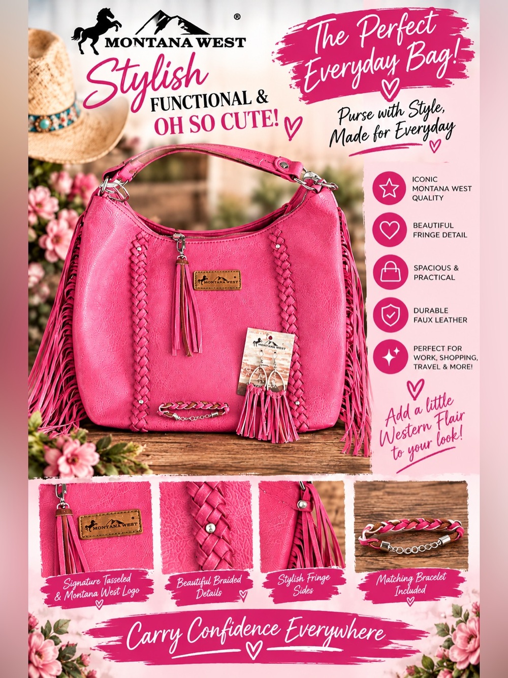 Montana West pink Braided Tassel Shoulder Bag w/earrings & Bracelet